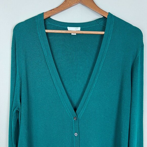 J. Jill Duster Cardigan Sweater Womens Petite Large Green V-Neck 3 Button Ribbed - Picture 3 of 13